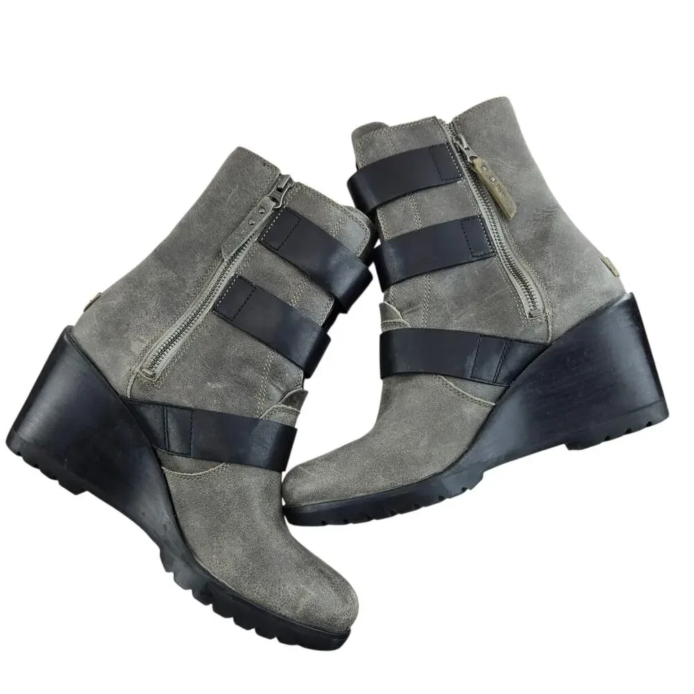 Sorel After Hours Wedge Booties Womens 10 Gray Black Leather Moto Biker Mid Calf